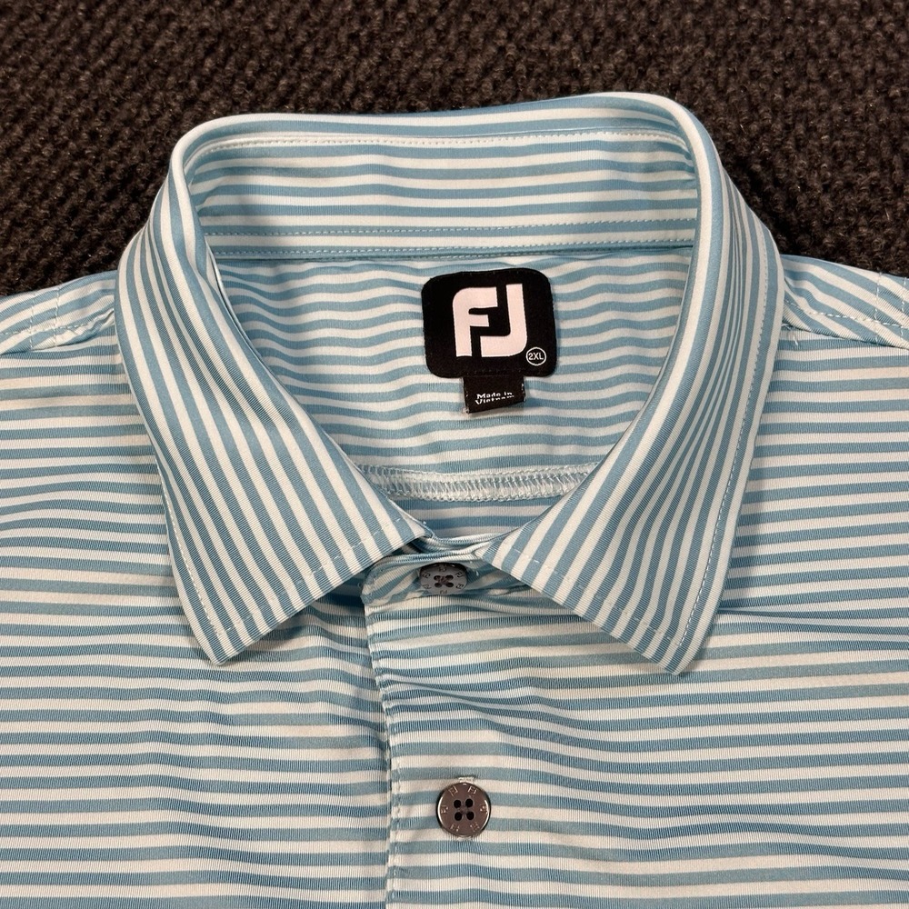 FootJoy FJ Golf Polo Shirt Men's 2XL Blue White Stripe Performance Stretch Light